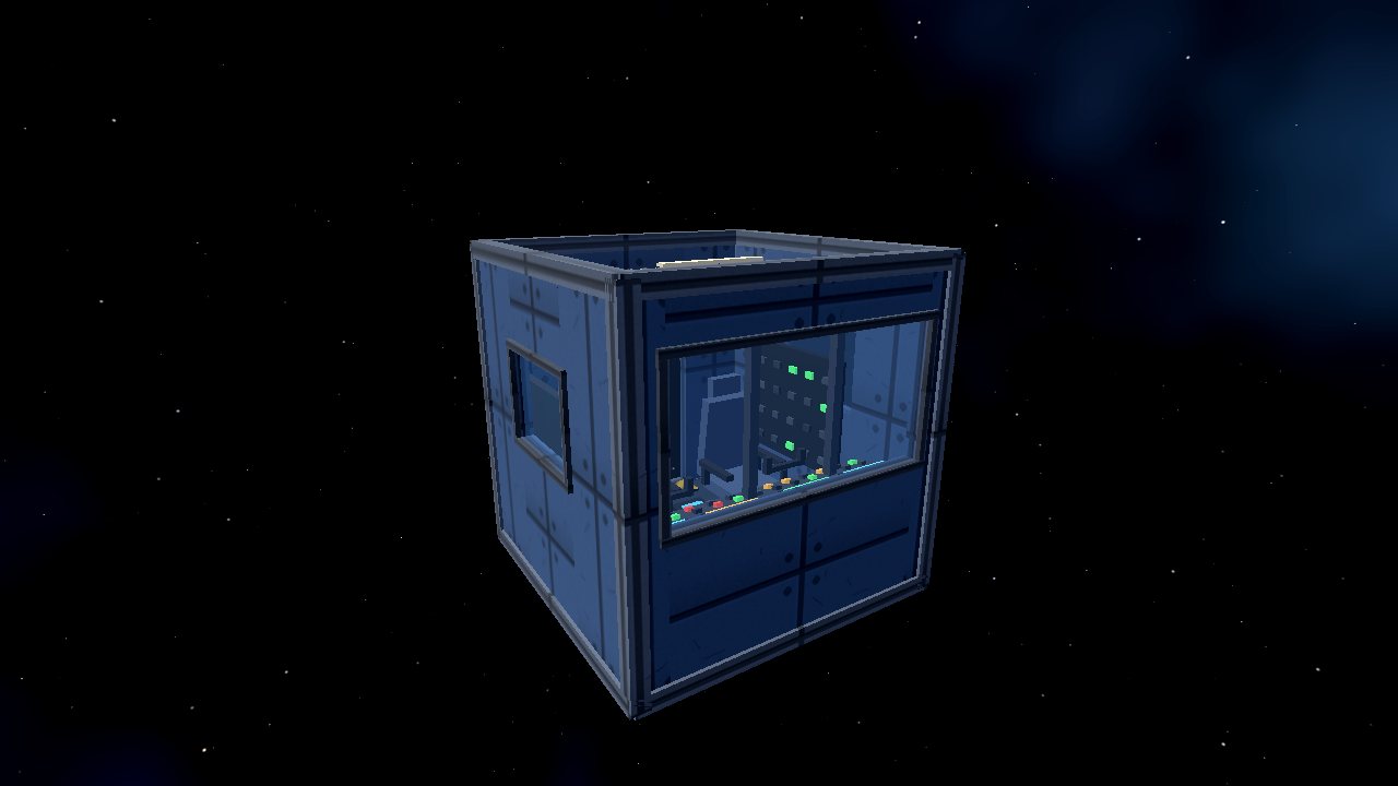 The cockpit module from outside, with a wide windscreen and a small side window showing seats and switches inside.