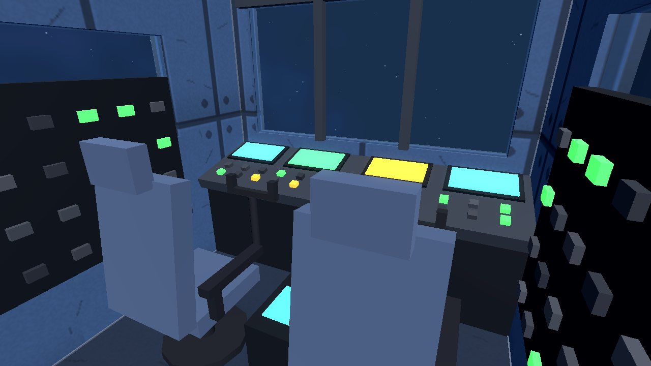 Inside a cockpit: two pilot seats facing a windscreen and a dash with glowing screens and switch rows.