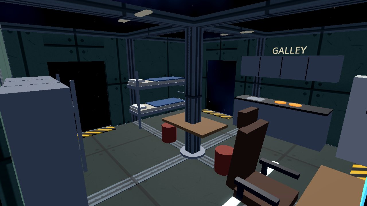 Crew quarters with bunk beds, a table with stools and a galley counter.