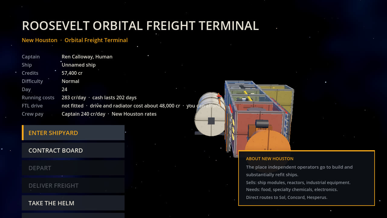 The dock at Roosevelt Orbital Freight Terminal with credits, running costs per day, the FTL drive price and the dock actions.