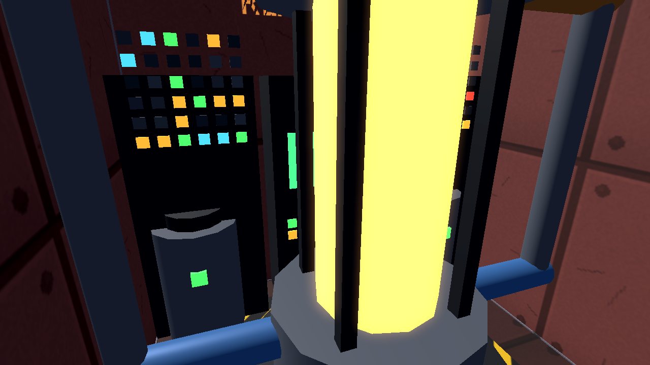 The engineering room: a glowing reactor core beside a wall of control cabinets with indicator lights.