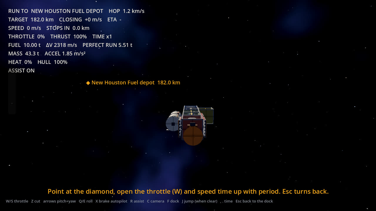 The flight view on a local run, with the ship, a diamond marker for the destination and a panel of speed, fuel and delta-v readouts.