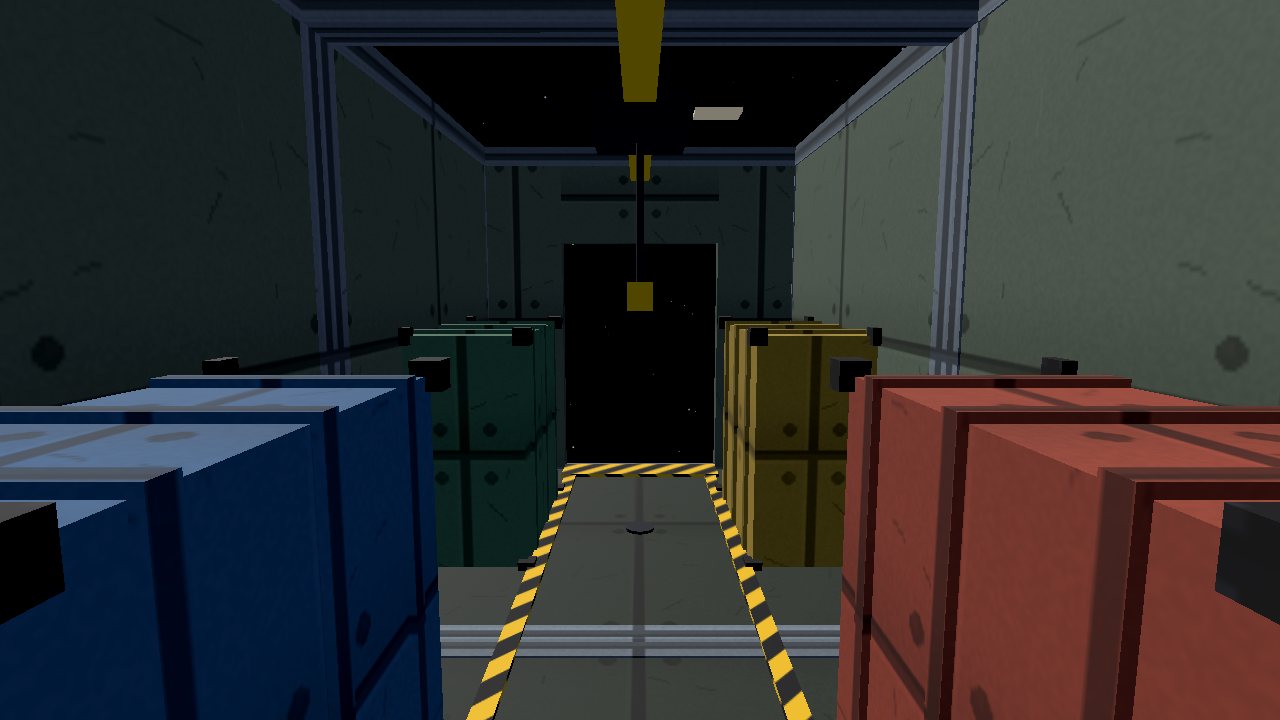 A cargo hold seen along its aisle, with coloured containers on both sides and an overhead gantry.