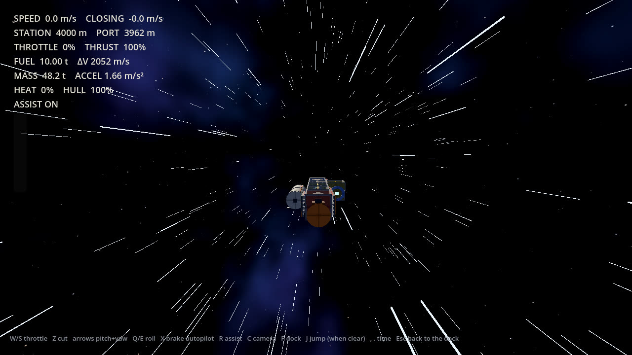 The ship at the middle of a star jump, with the stars stretched into long white streaks.
