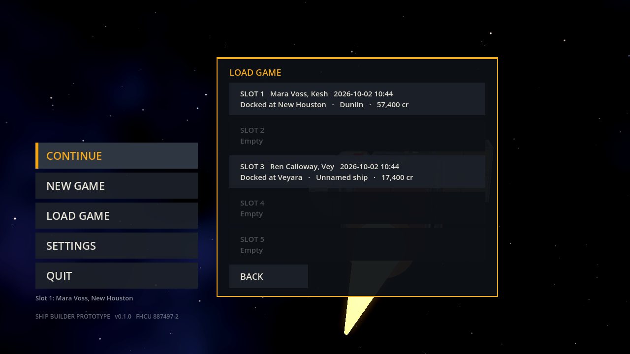 Five save slots, two of them filled, each showing the captain, place, ship and credits.