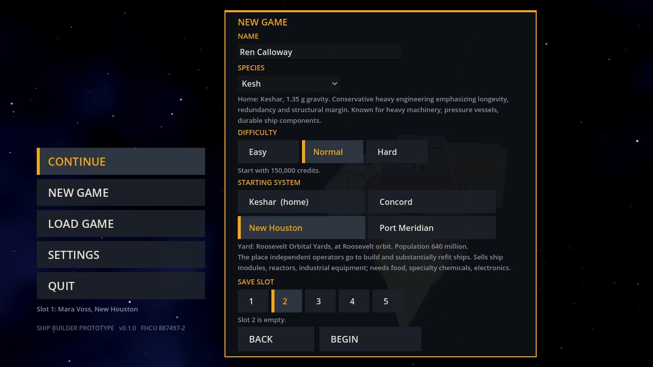 The new game screen with name, race, difficulty, starting world and save slot choices.