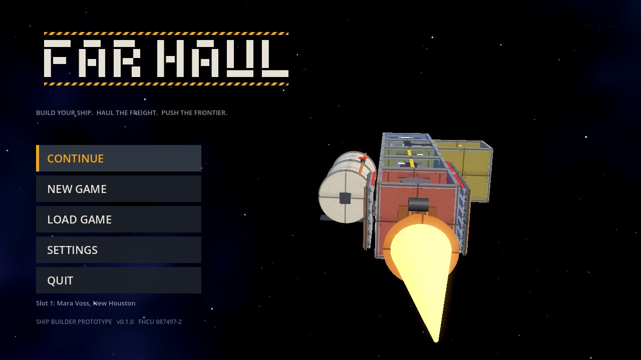 The title screen with the Far Haul logo and a starter ship flying past.