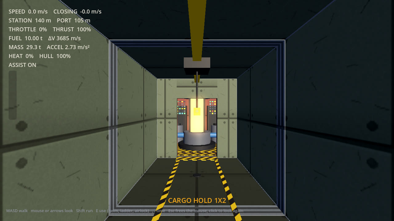 Looking aft down the empty cargo hold's aisle, with hazard stripes on the floor and the glowing reactor in engineering beyond the far door.